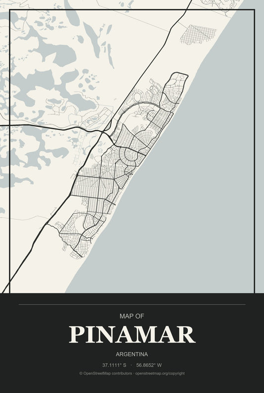 Pinamar, Argentina City Map Aluminum Sign in Museum Plaque style