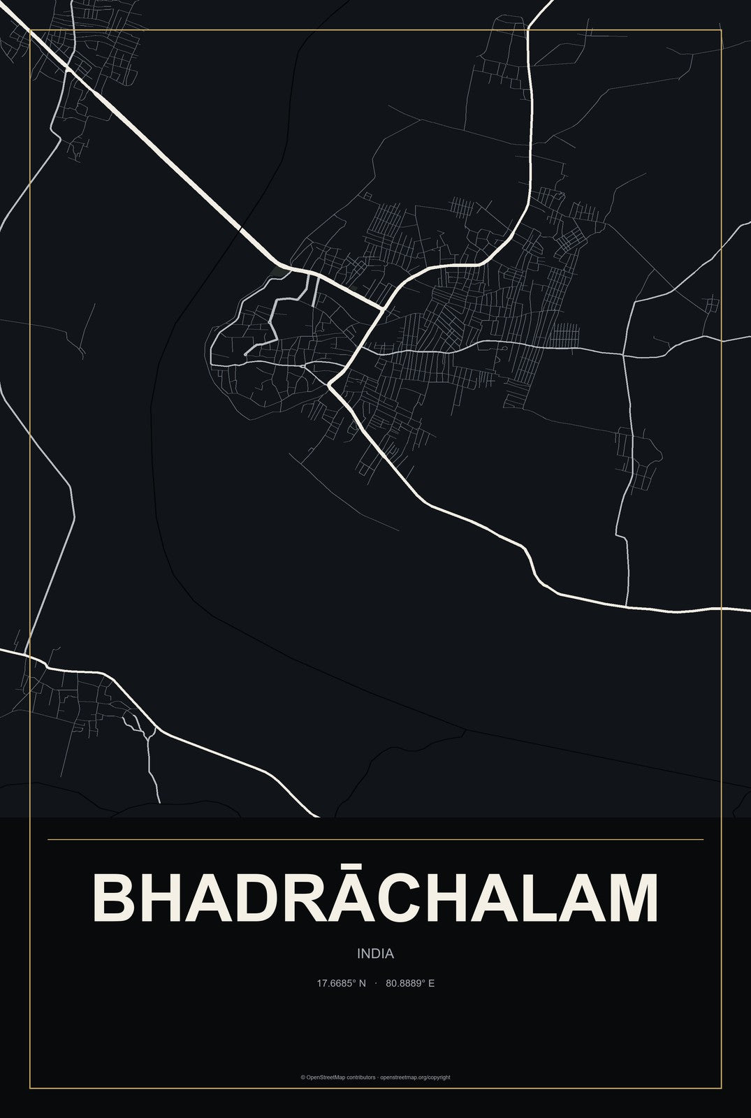 Bhadrāchalam, India City Map Aluminum Sign in Metropolitan Noir style