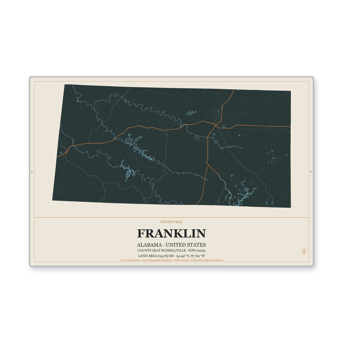 Franklin County, Alabama Map Aluminum Sign in Headline Atlas style