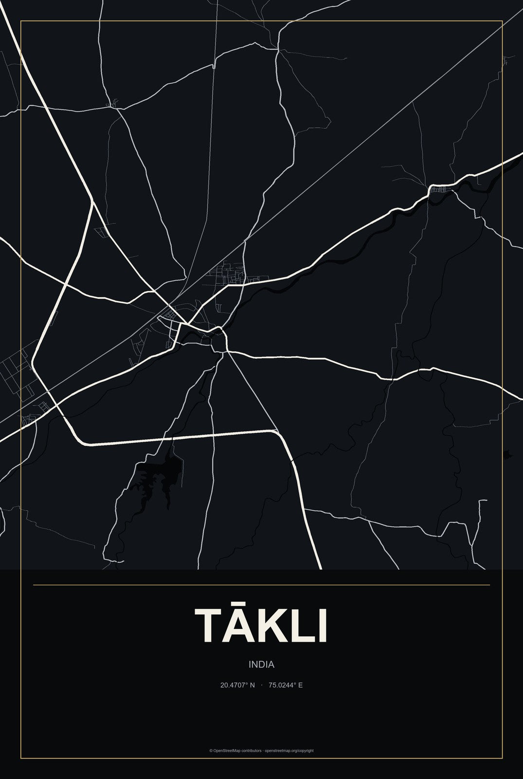 Tākli, India City Map Aluminum Sign in Metropolitan Noir style