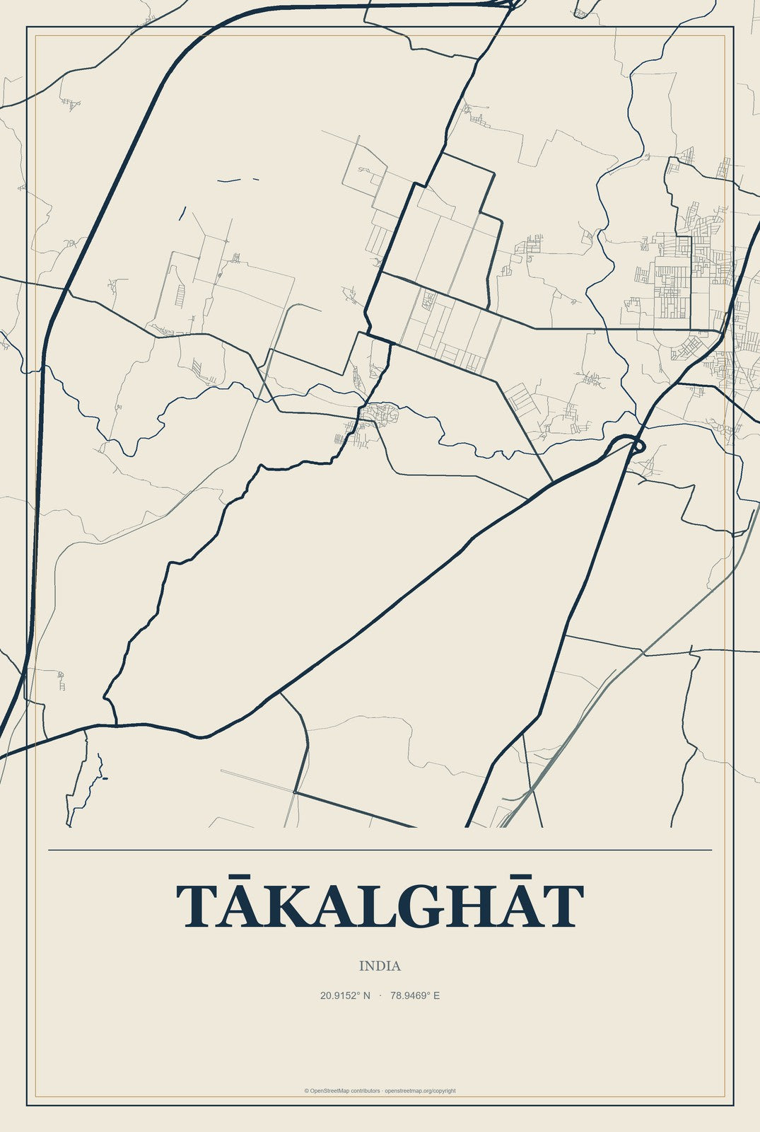 Tākalghāt, India City Map Aluminum Sign in Coastal Cutout style