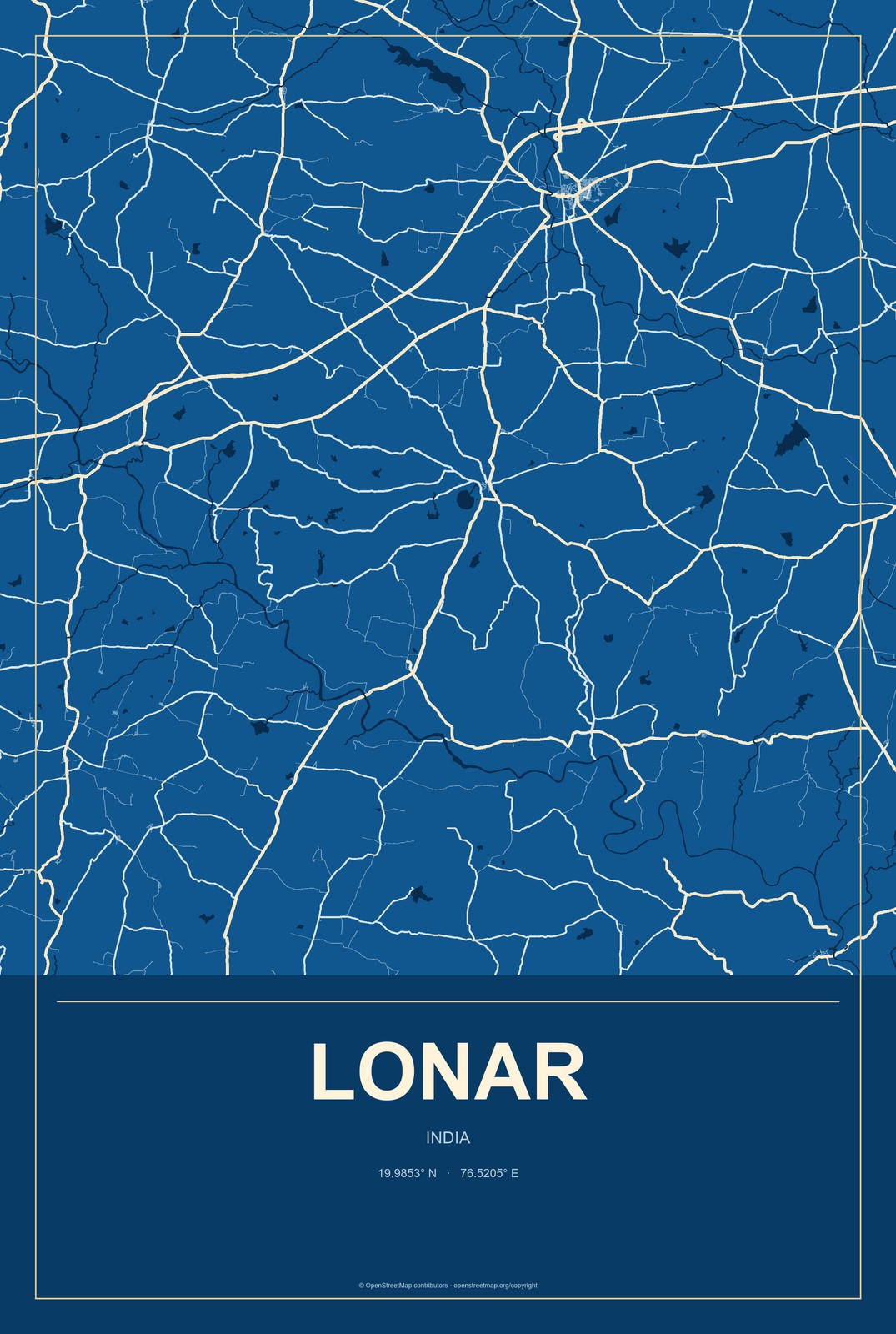 Lonar, India City Map Aluminum Sign in Harbor Cobalt style