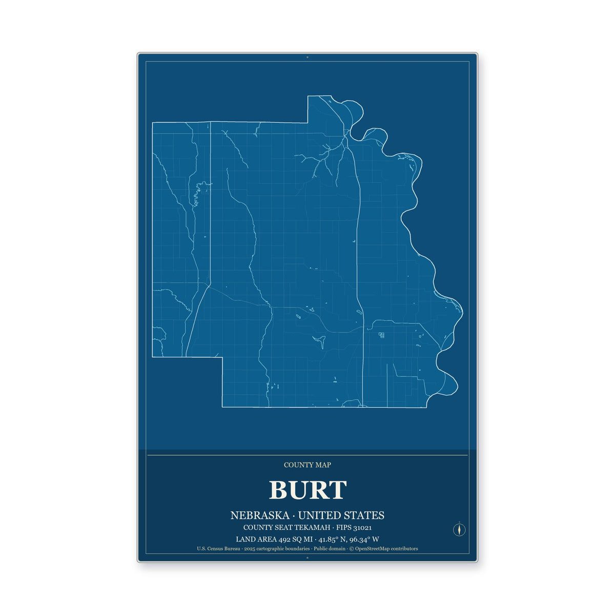 Burt County, Nebraska Map Aluminum Sign in Harbor Cobalt style