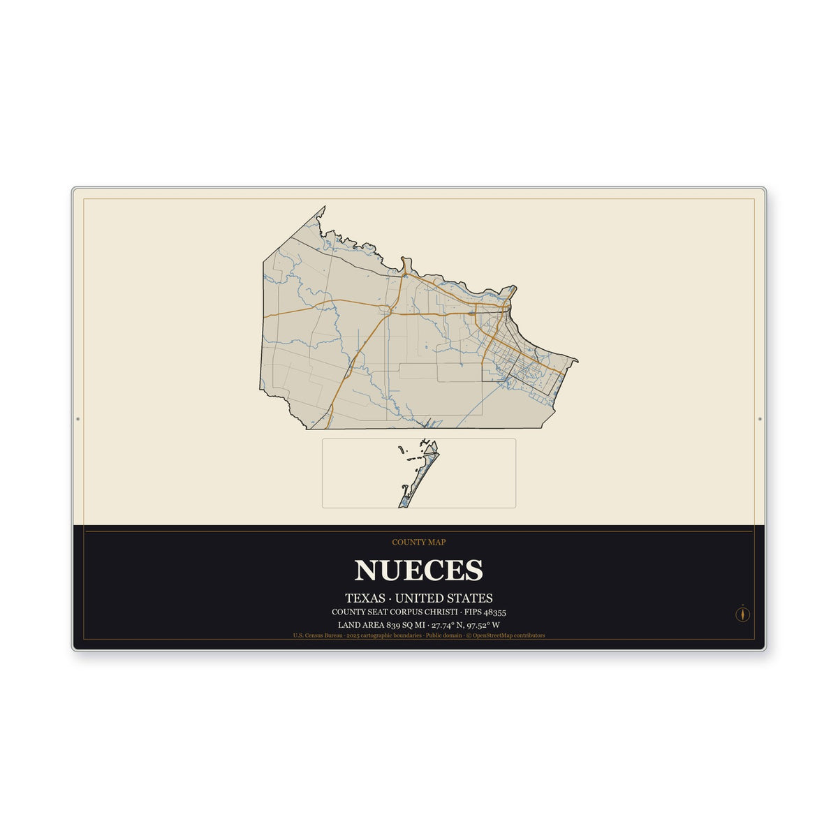 Nueces County, Texas Map Aluminum Sign in Museum Plaque style