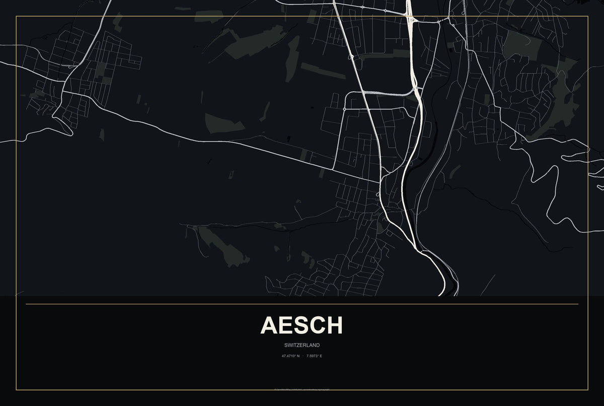 Aesch, Switzerland City Map Aluminum Sign in Metropolitan Noir style