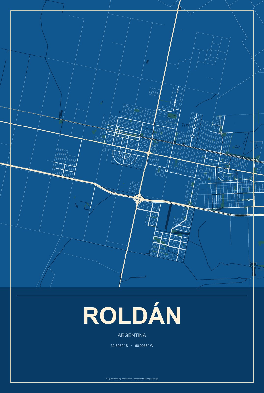 Roldán, Argentina City Map Aluminum Sign in Harbor Cobalt style