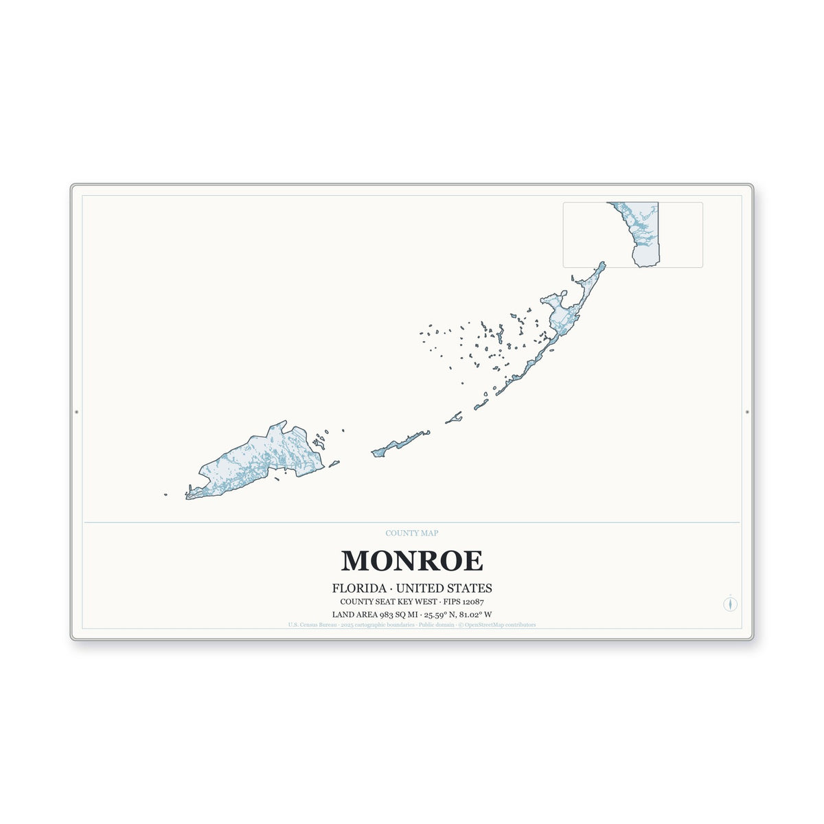 Monroe County, Florida Map Aluminum Sign in Gallery Air style