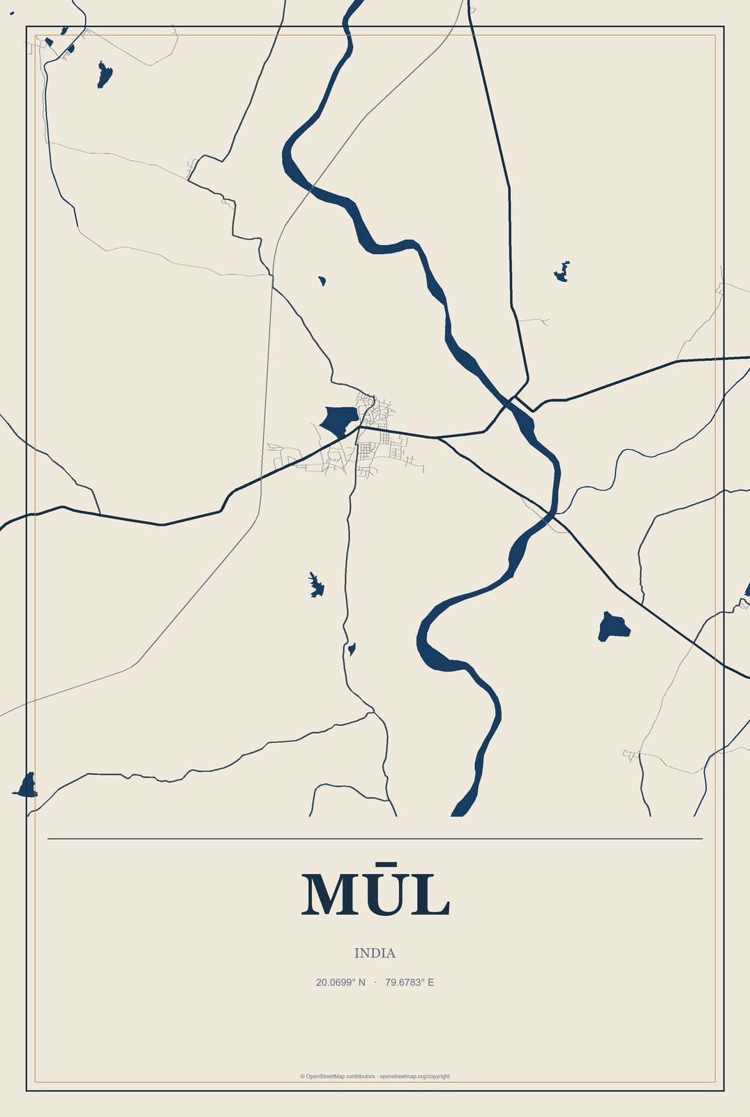 Mūl, India City Map Aluminum Sign in Coastal Cutout style