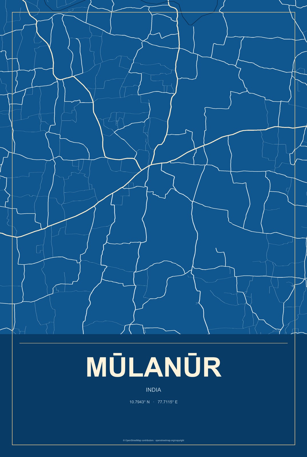 Mūlanūr, India City Map Aluminum Sign in Harbor Cobalt style