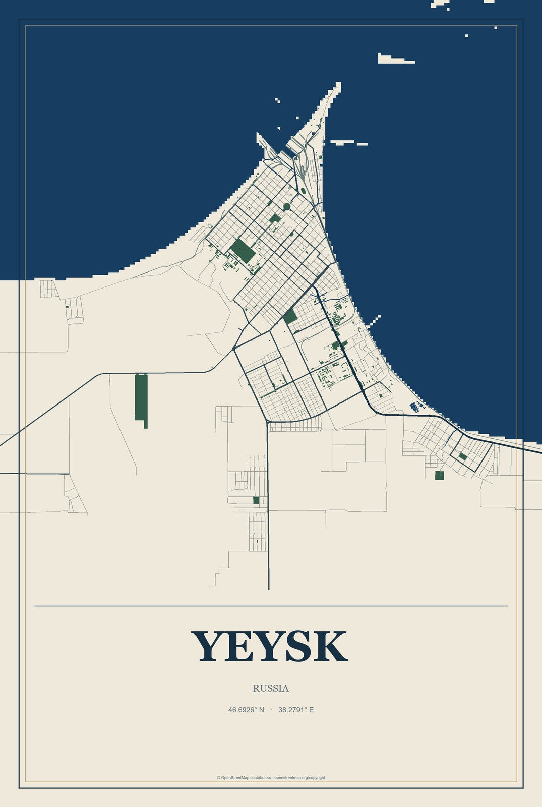 Yeysk, Russia City Map Aluminum Sign in Coastal Cutout style