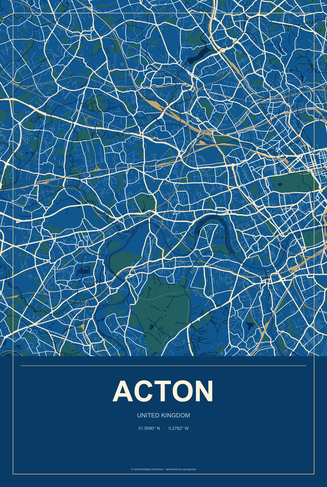 Acton, United Kingdom City Map Aluminum Sign in Harbor Cobalt style
