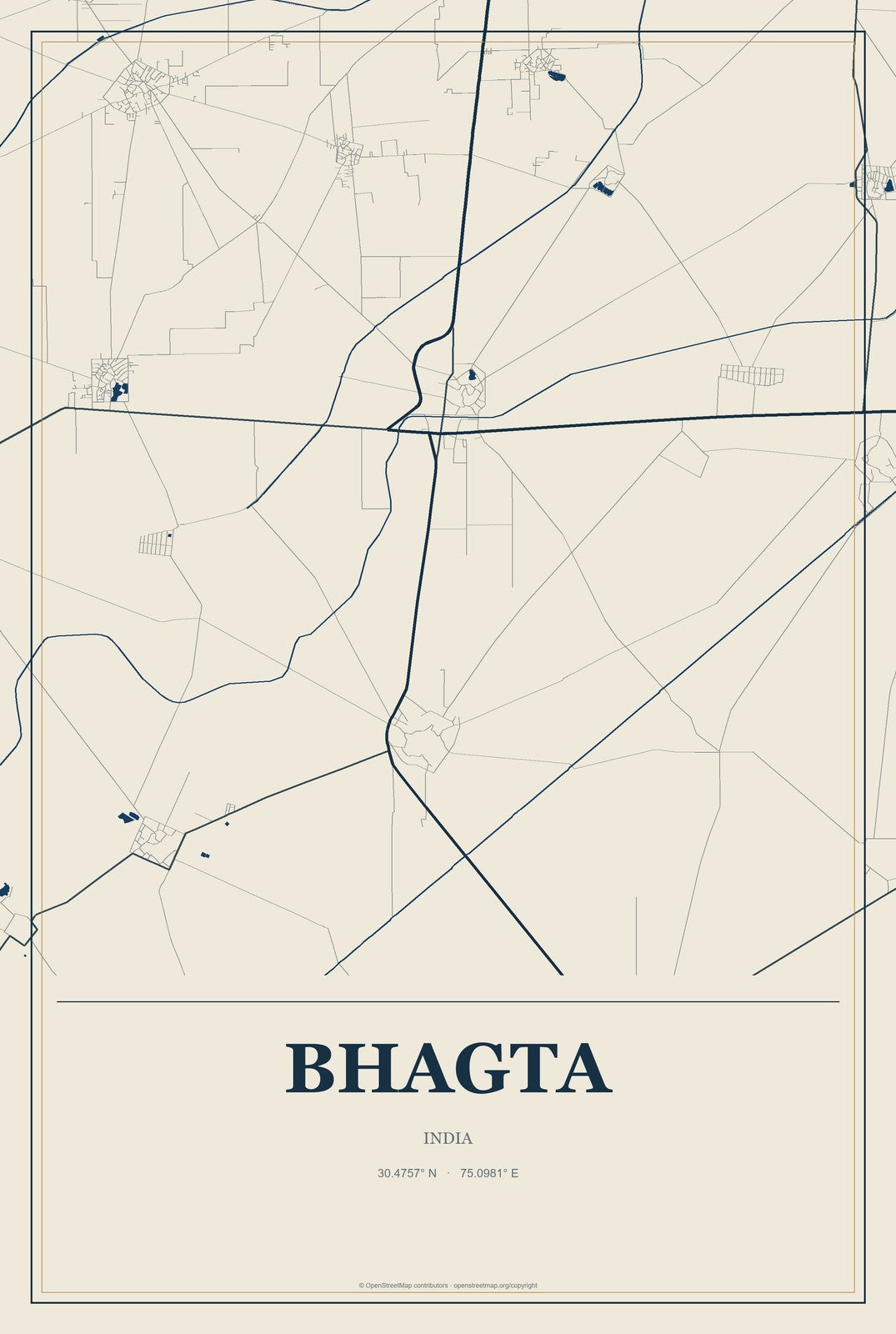 Bhagta, India City Map Aluminum Sign in Coastal Cutout style