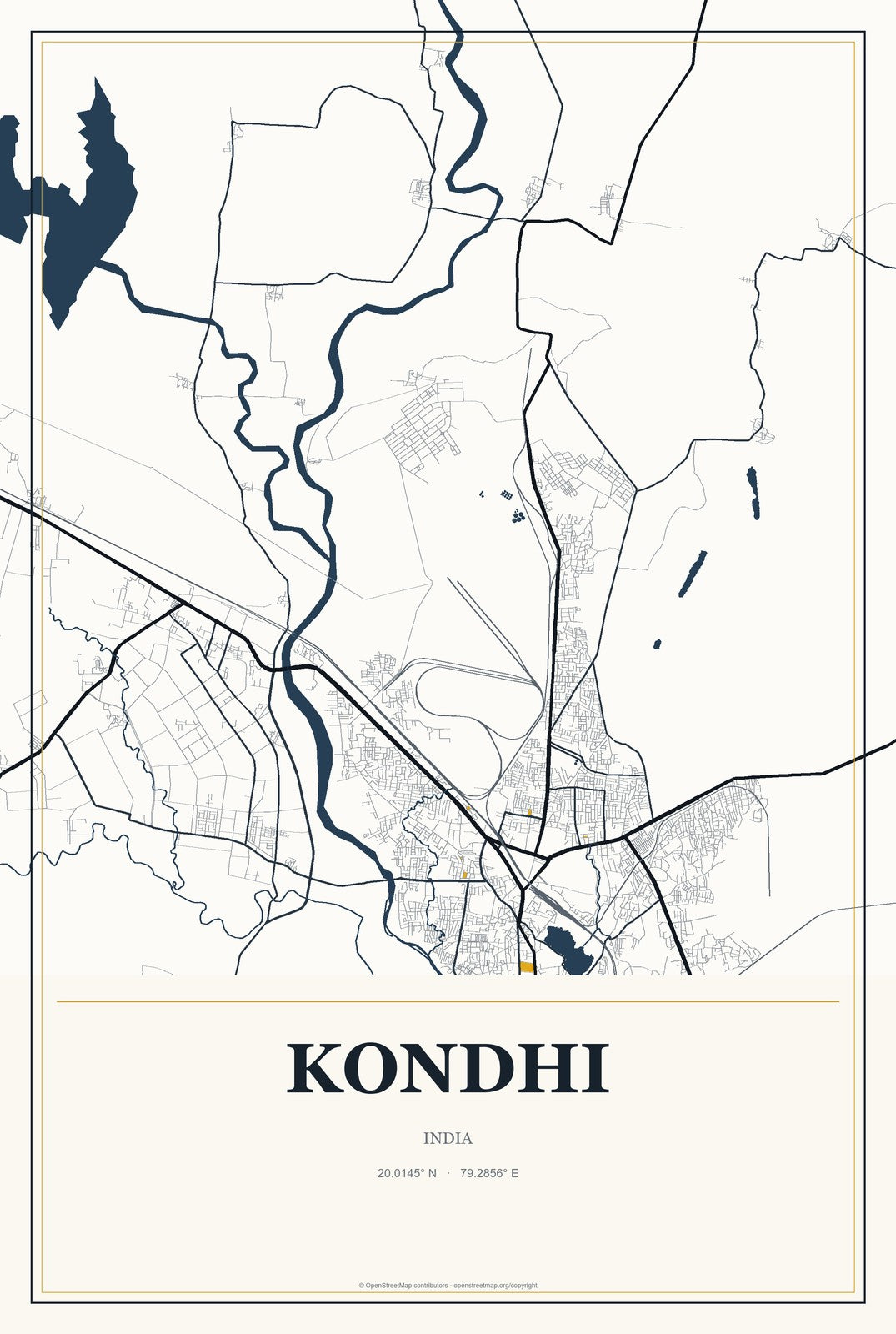 Kondhi, India City Map Aluminum Sign in Citrine Modern style