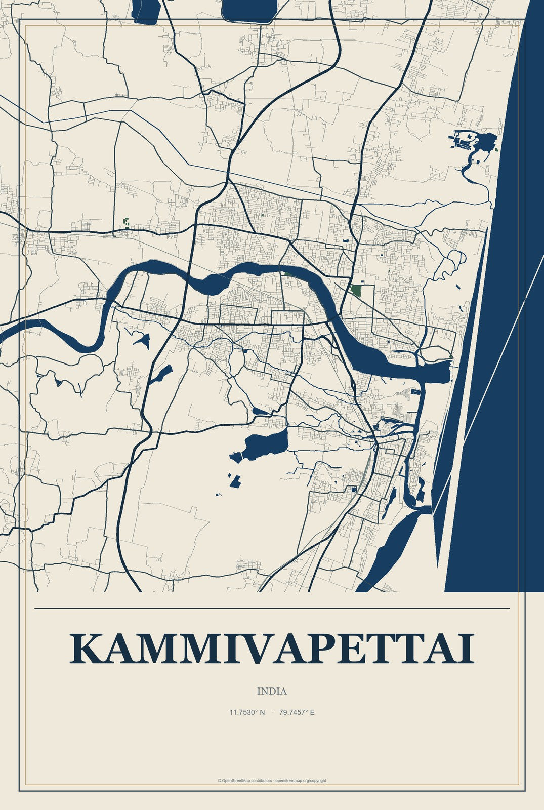 Kammivapettai, India City Map Aluminum Sign in Coastal Cutout style