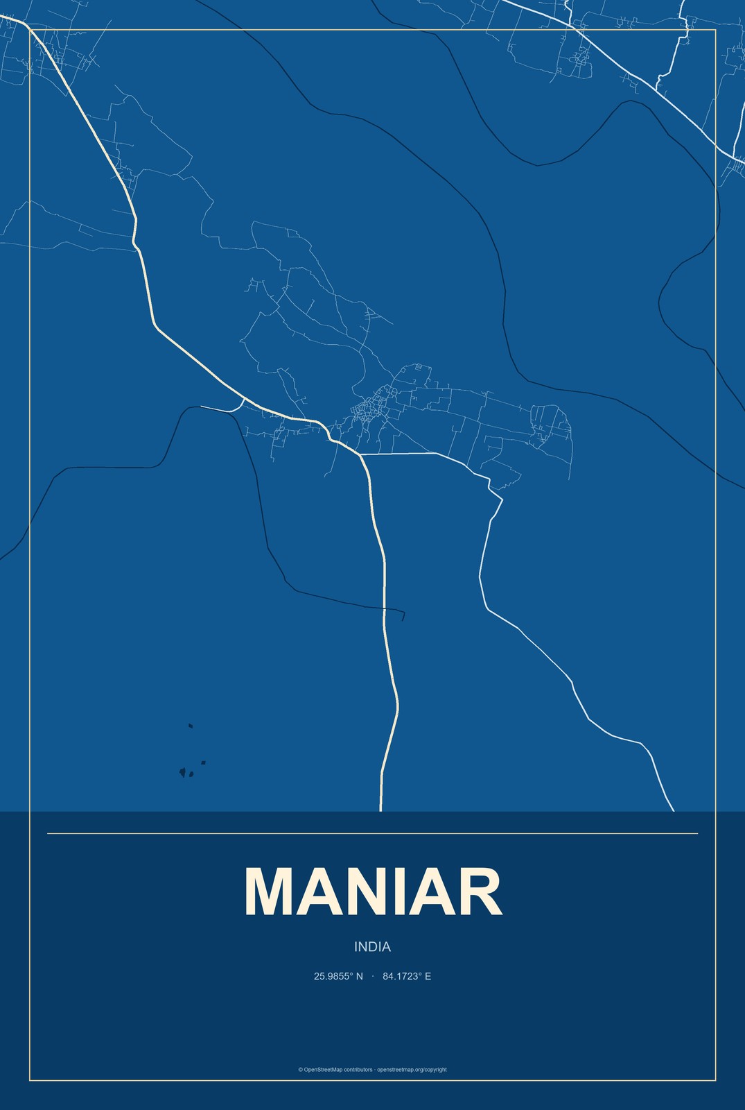 Maniar, India City Map Aluminum Sign in Harbor Cobalt style