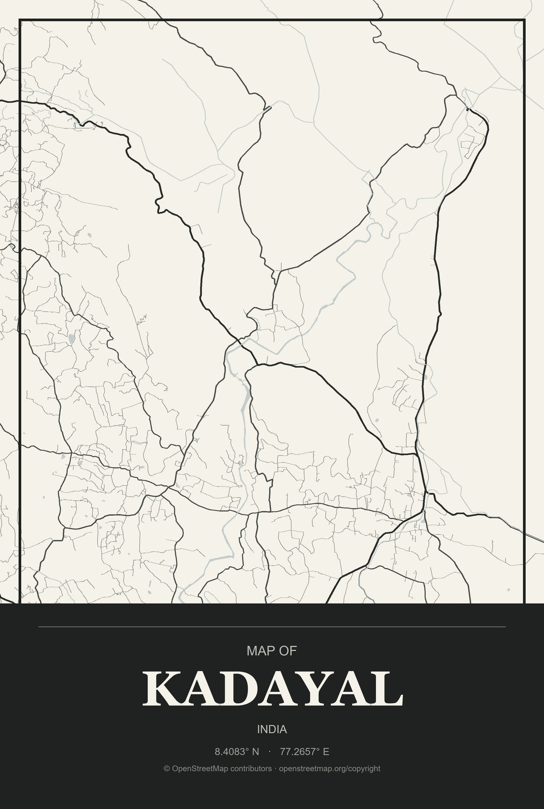 Kadayal, India City Map Aluminum Sign in Museum Plaque style