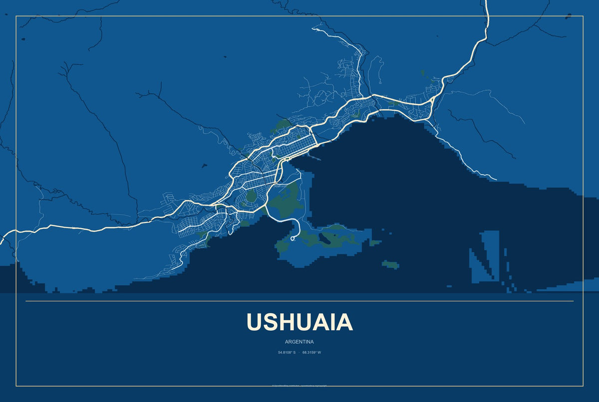 Ushuaia, Argentina City Map Aluminum Sign in Harbor Cobalt style