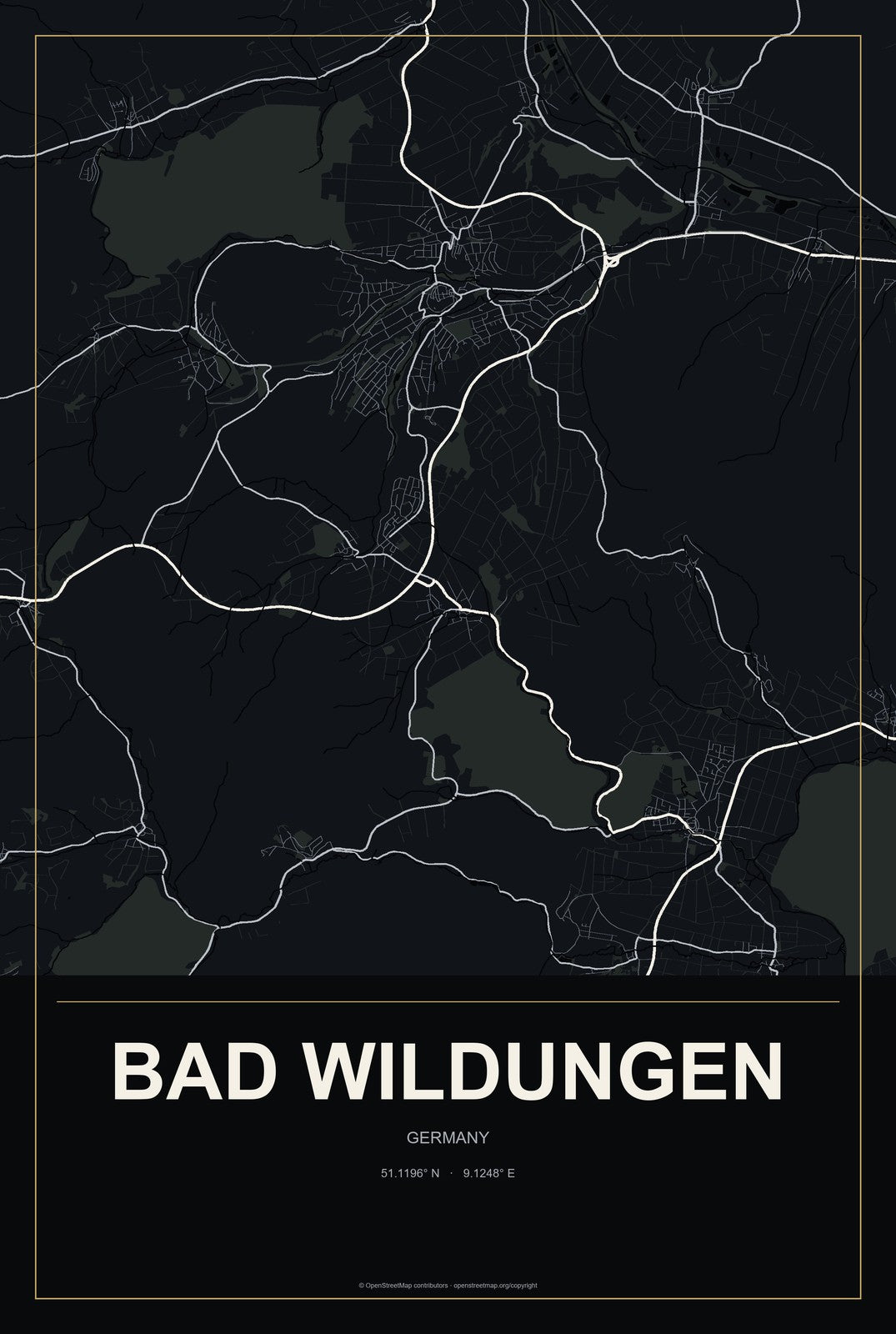 Bad Wildungen, Germany City Map Aluminum Sign in Metropolitan Noir style