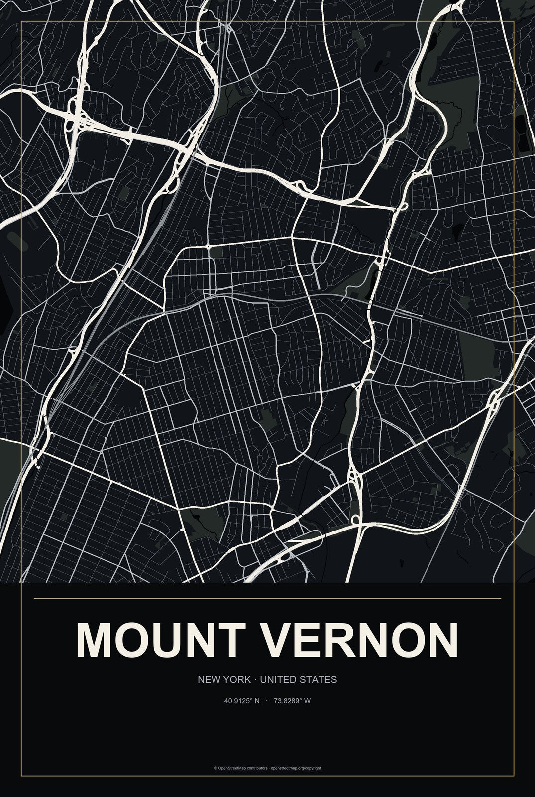 Mount Vernon, New York City Map Aluminum Sign in Metropolitan Noir style