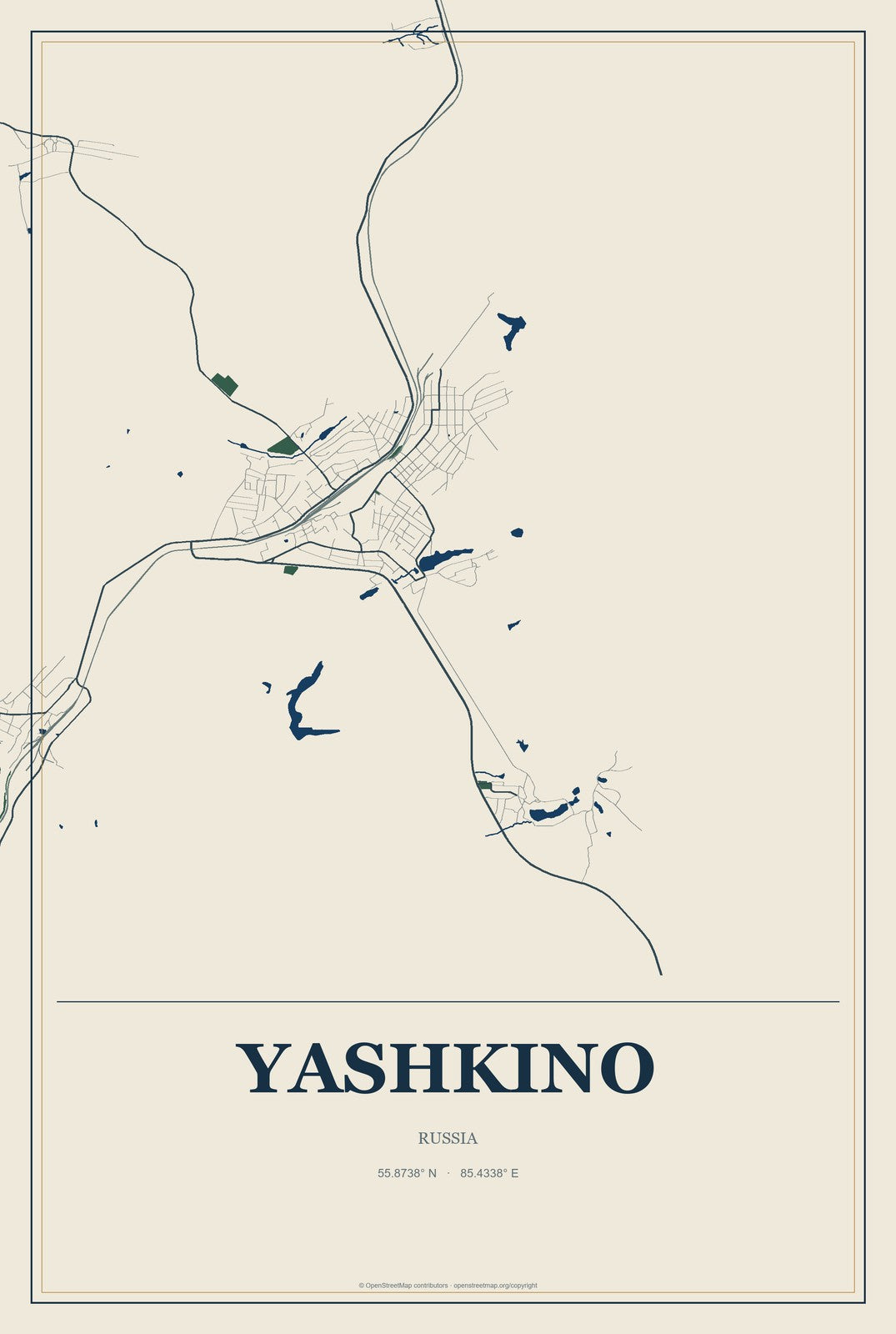 Yashkino, Russia City Map Aluminum Sign in Coastal Cutout style