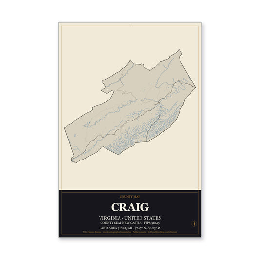 Craig County, Virginia Map Aluminum Sign in Museum Plaque style