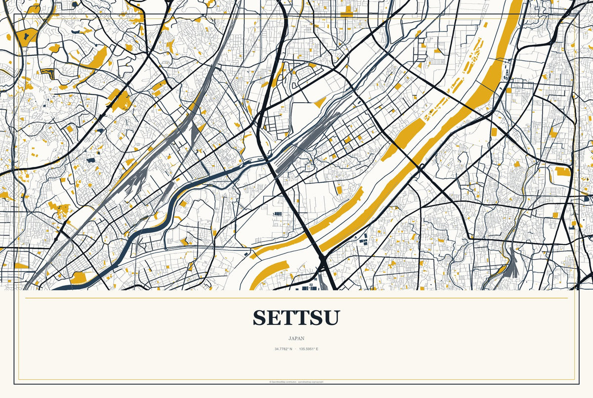 Settsu, Japan City Map Aluminum Sign in Citrine Modern style