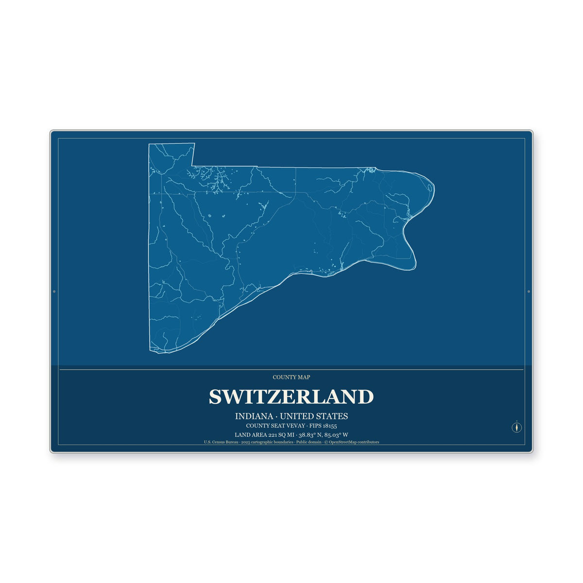 Switzerland County, Indiana Map Aluminum Sign in Harbor Cobalt style