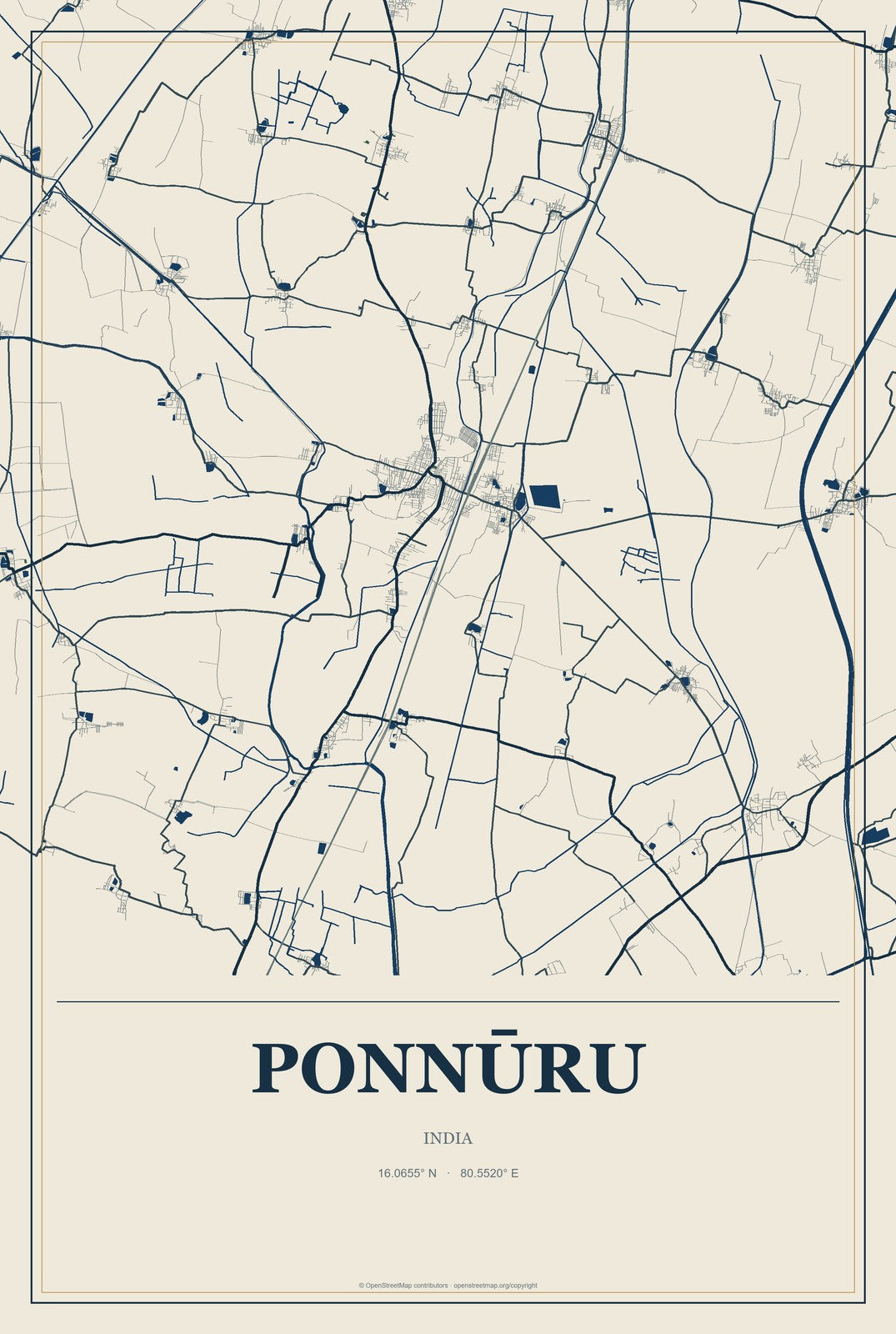 Ponnūru, India City Map Aluminum Sign in Coastal Cutout style