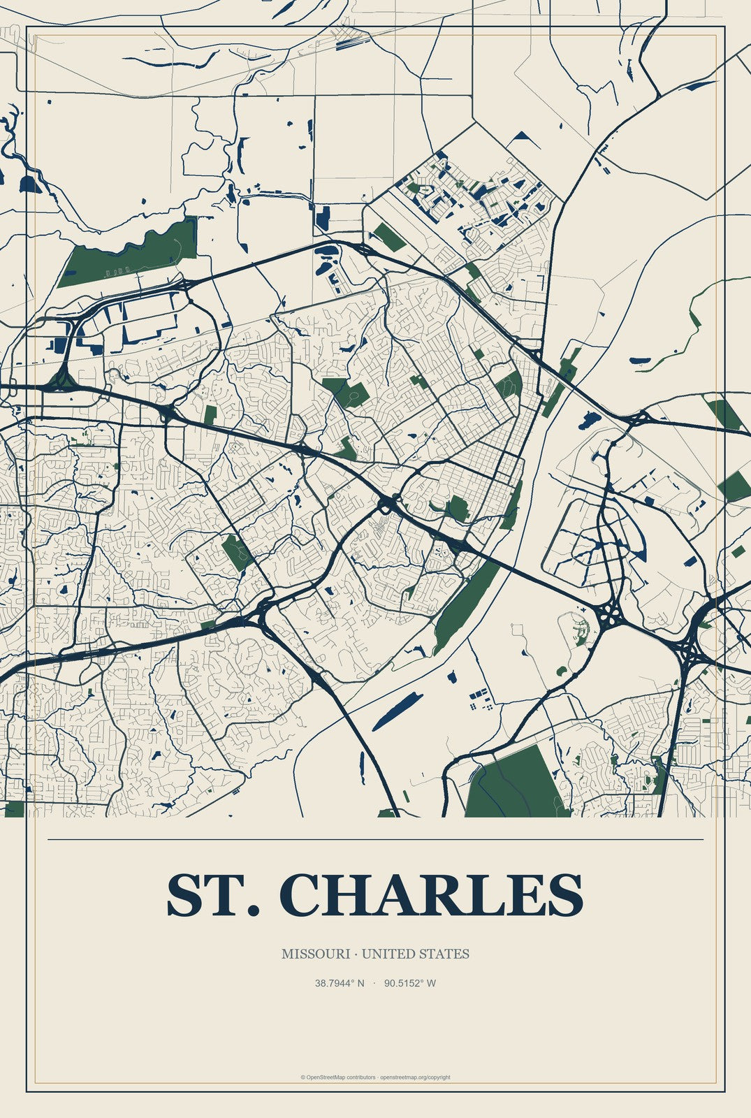 St. Charles, Missouri City Map Aluminum Sign in Coastal Cutout style