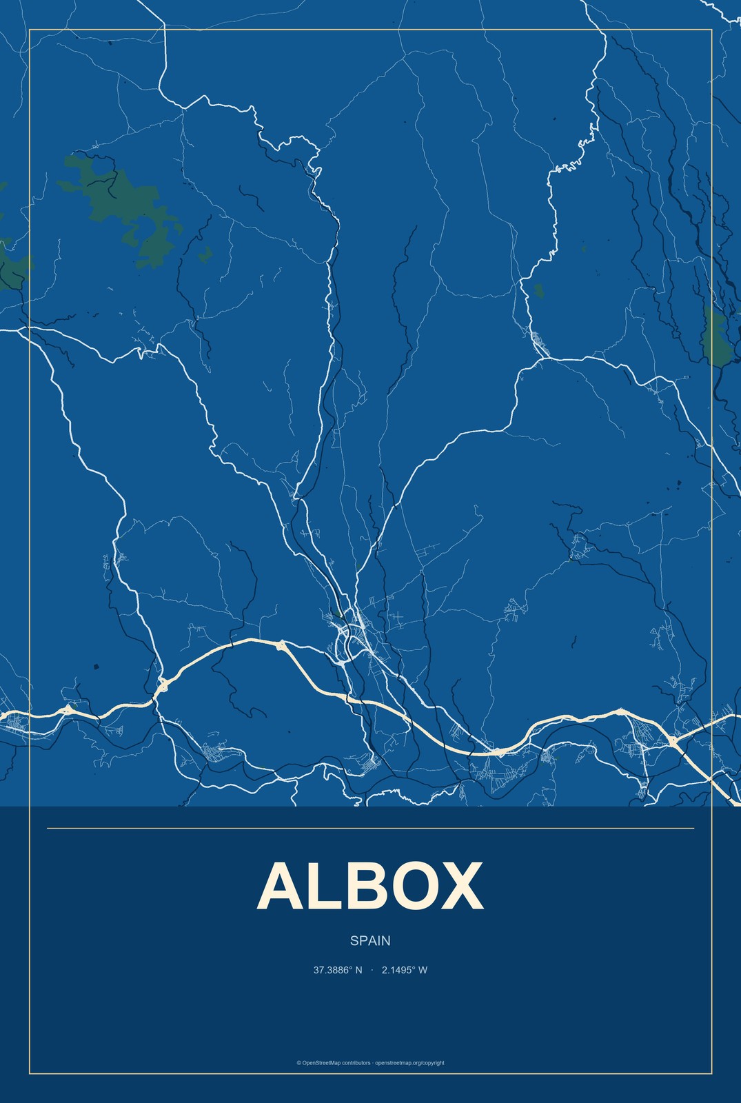Albox, Spain City Map Aluminum Sign in Harbor Cobalt style