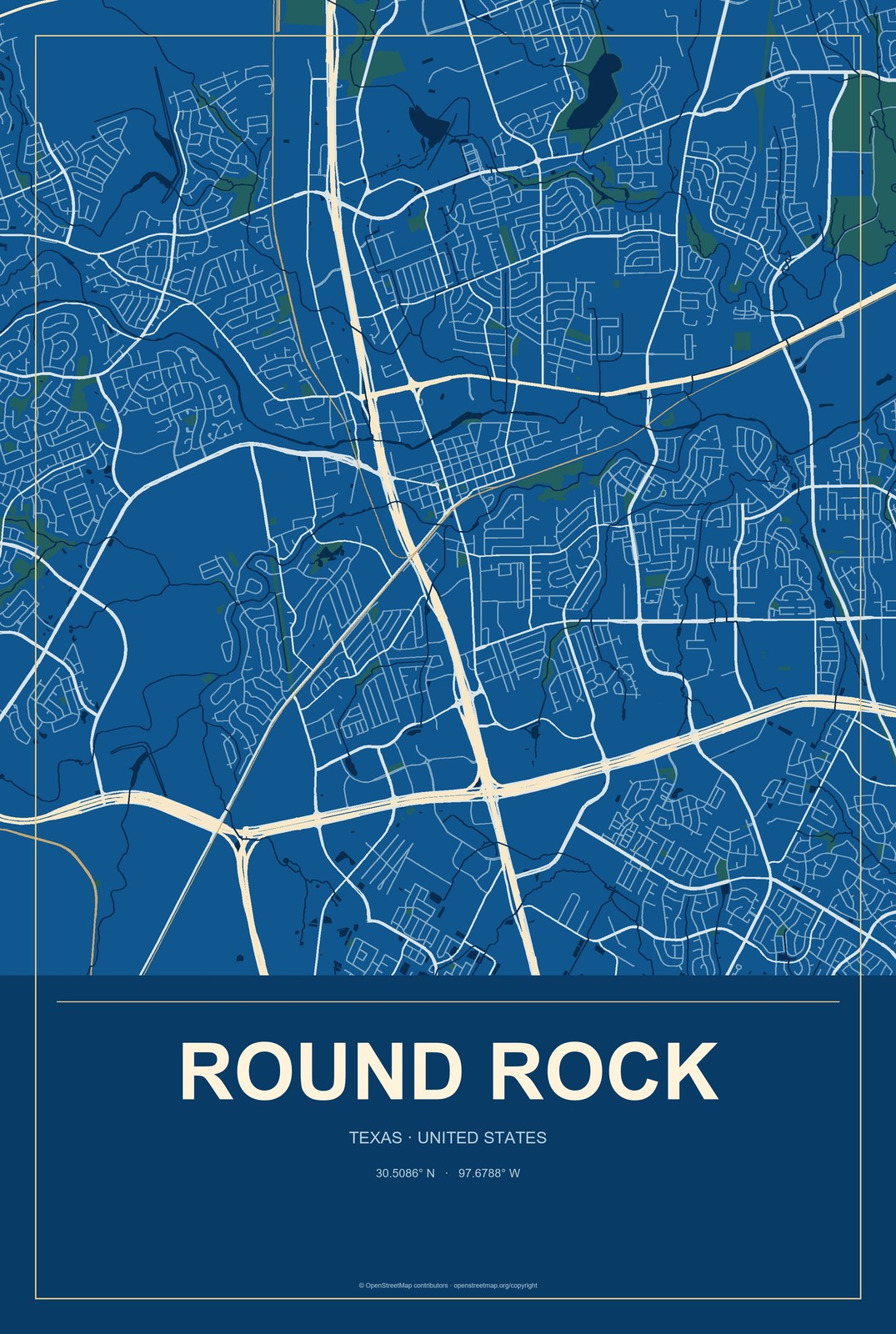 Round Rock, Texas City Map Aluminum Sign in Harbor Cobalt style