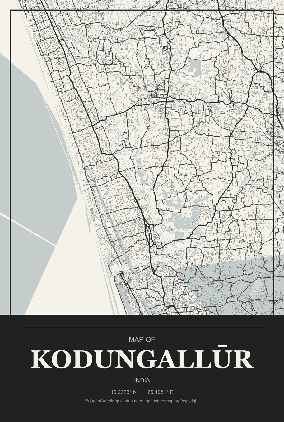 Kodungallūr, India City Map Aluminum Sign in Museum Plaque style