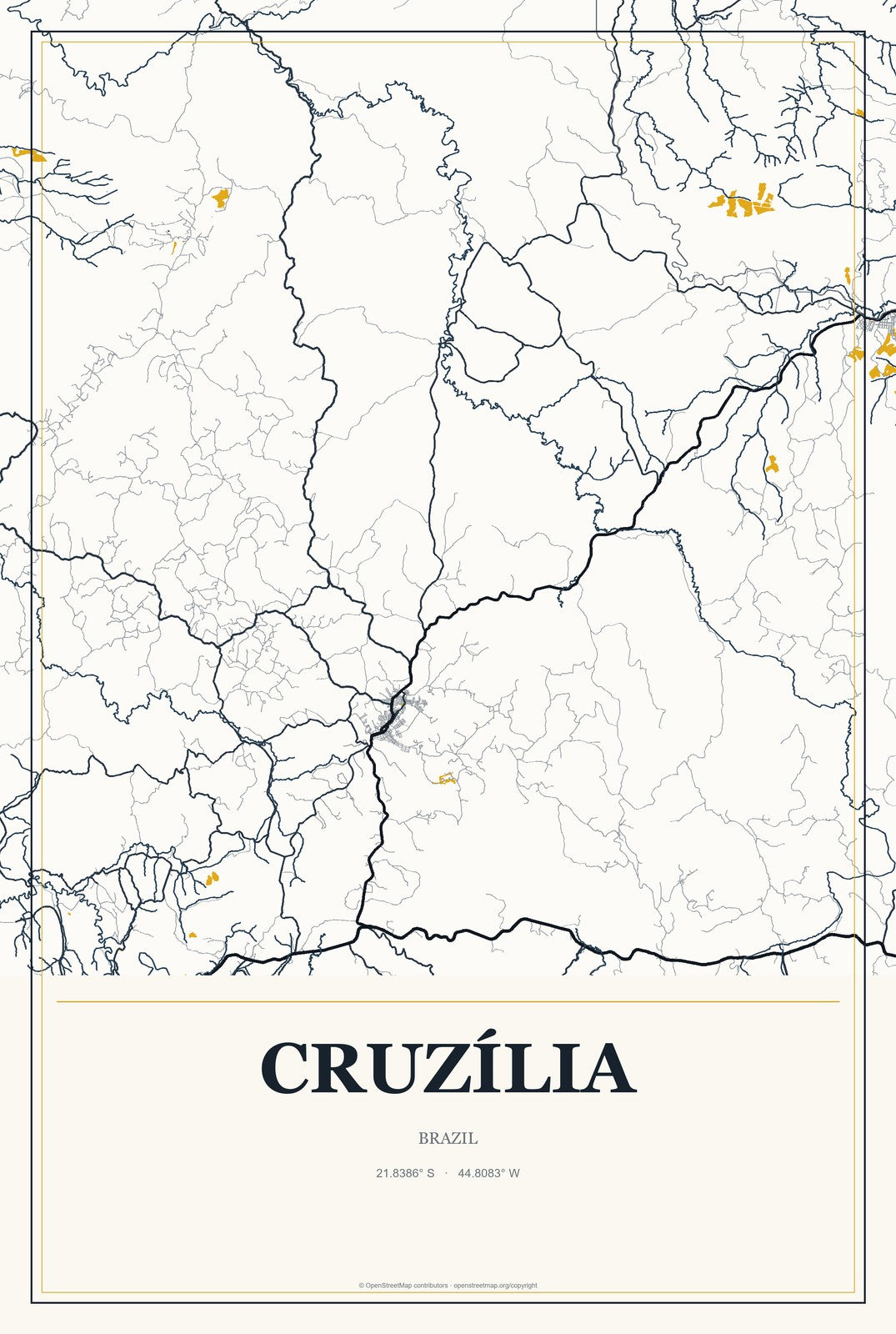 Cruzília, Brazil City Map Aluminum Sign in Citrine Modern style
