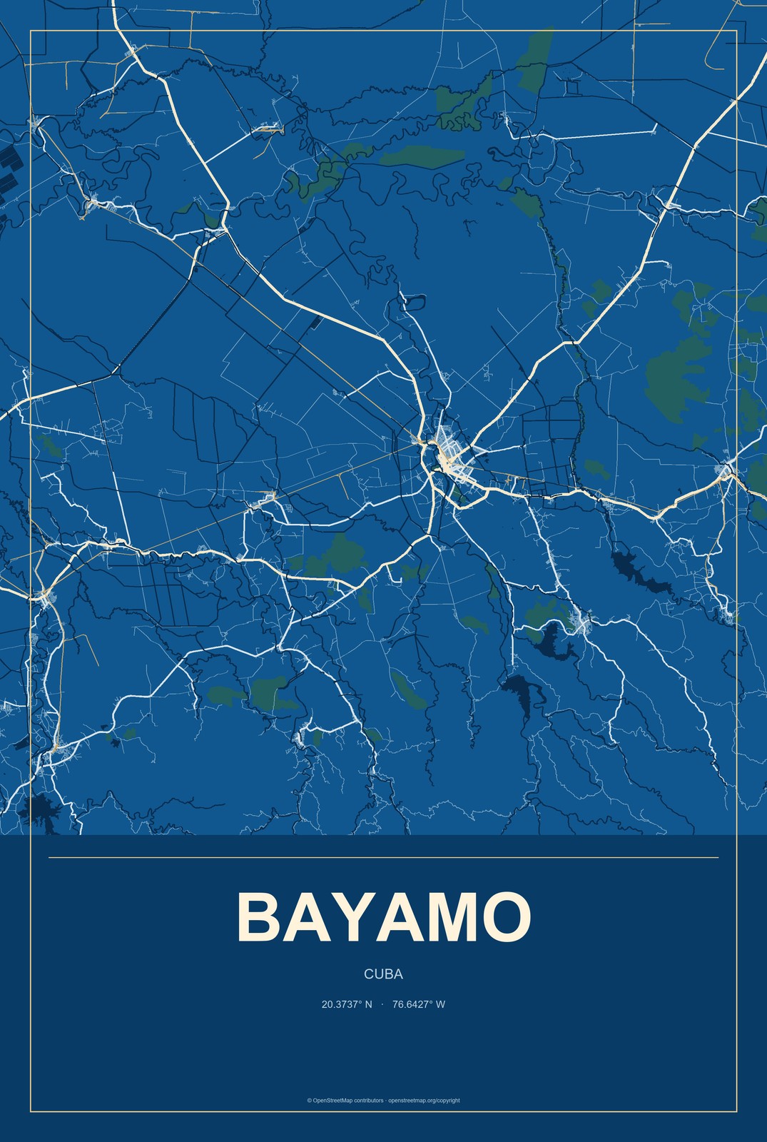Bayamo, Cuba City Map Aluminum Sign in Harbor Cobalt style