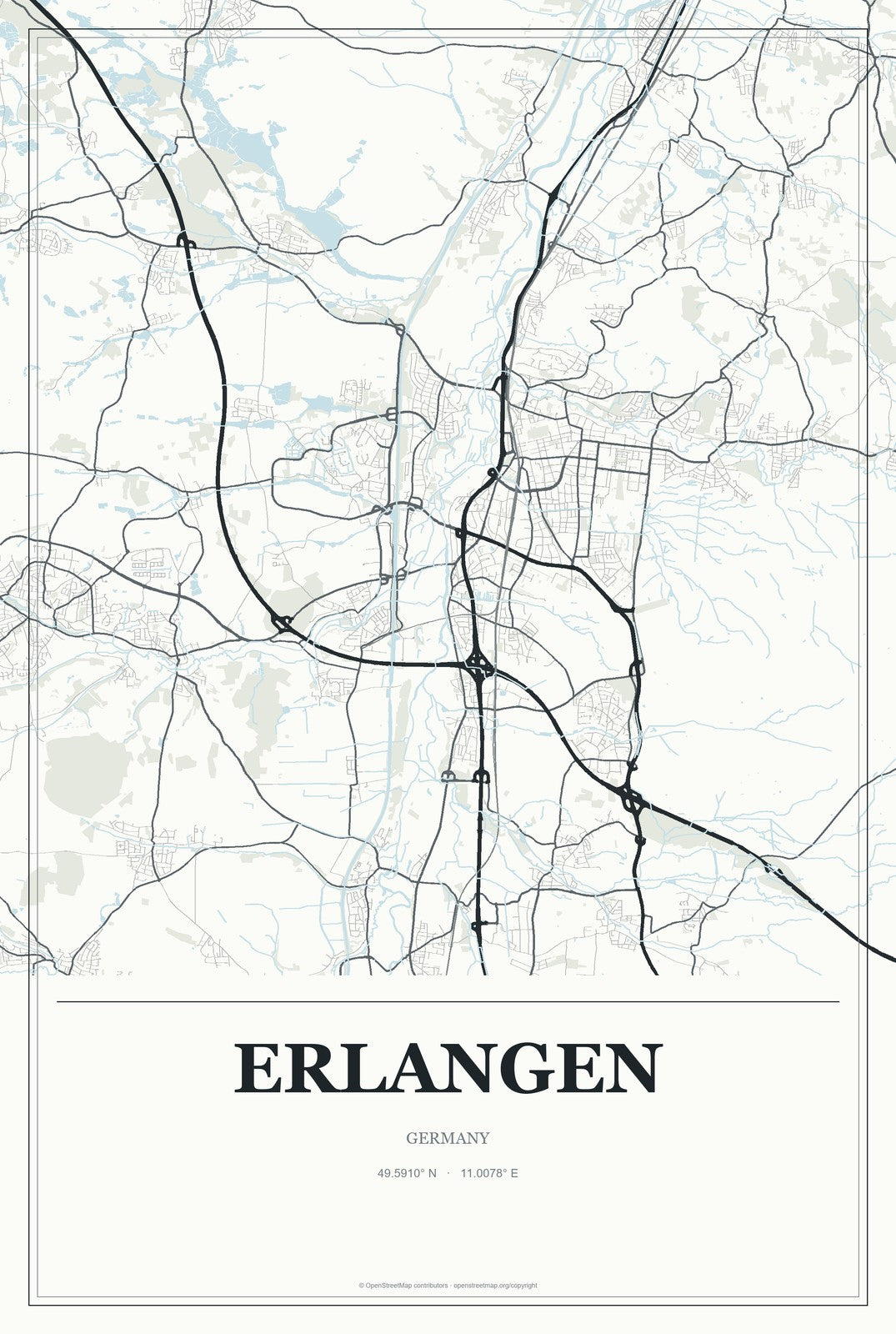 Erlangen, Germany City Map Aluminum Sign in Gallery Air style