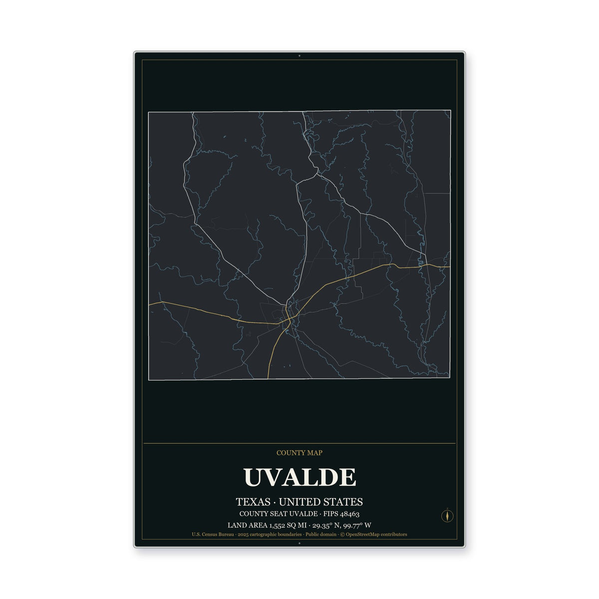 Uvalde County, Texas Map Aluminum Sign in Metropolitan Noir style