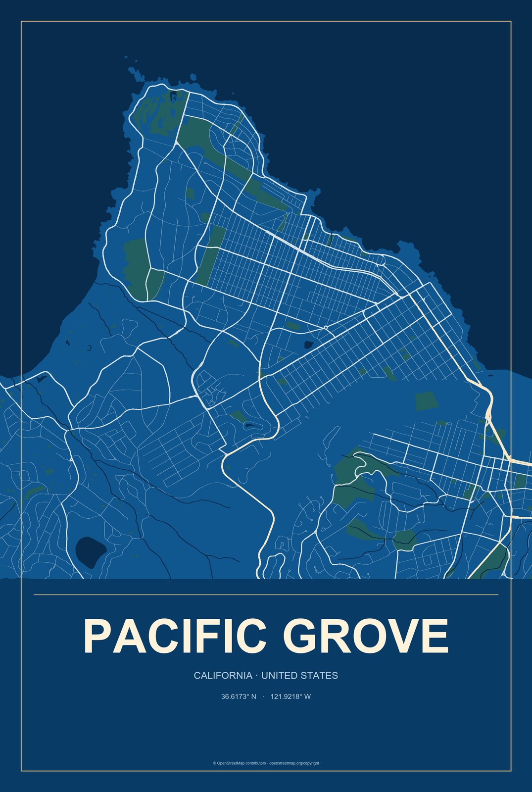 Pacific Grove, California City Map Aluminum Sign in Harbor Cobalt style