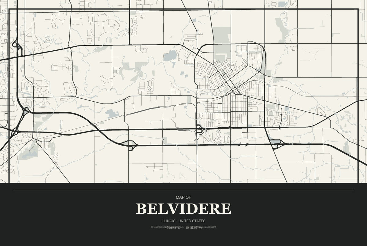 Belvidere, Illinois City Map Aluminum Sign in Museum Plaque style
