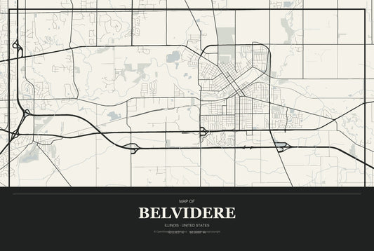 Belvidere, Illinois City Map Aluminum Sign in Museum Plaque style