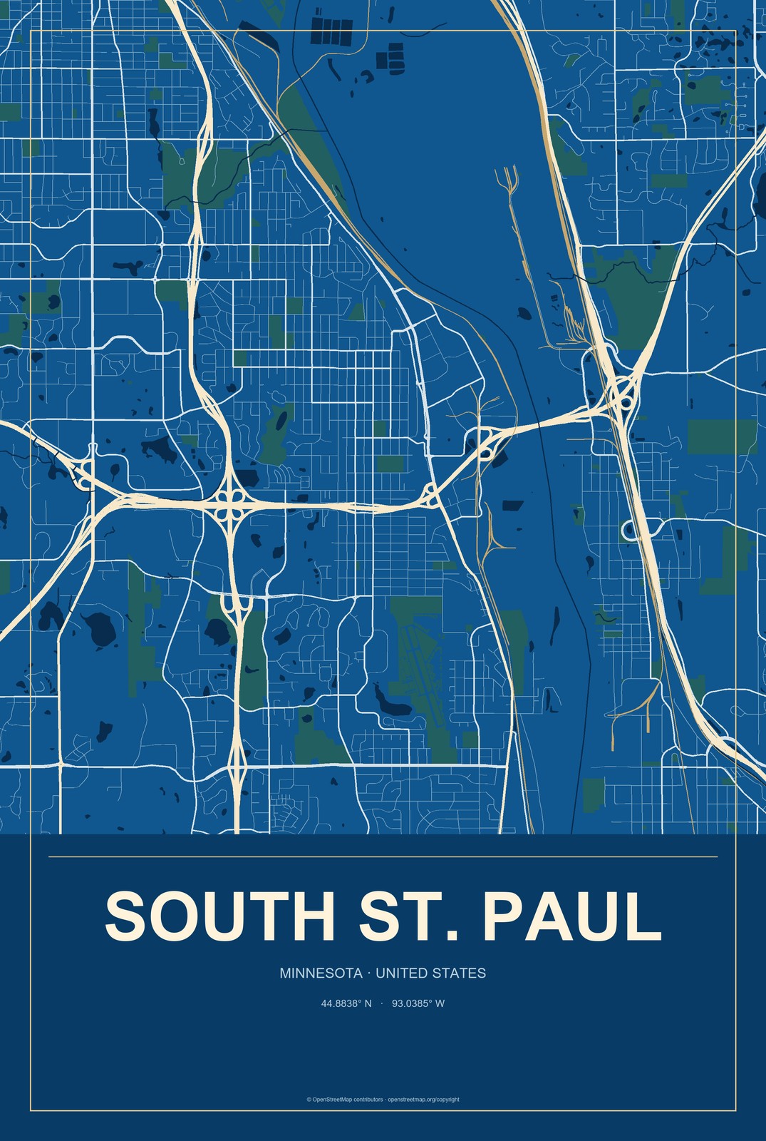 South St. Paul, Minnesota City Map Aluminum Sign in Harbor Cobalt style
