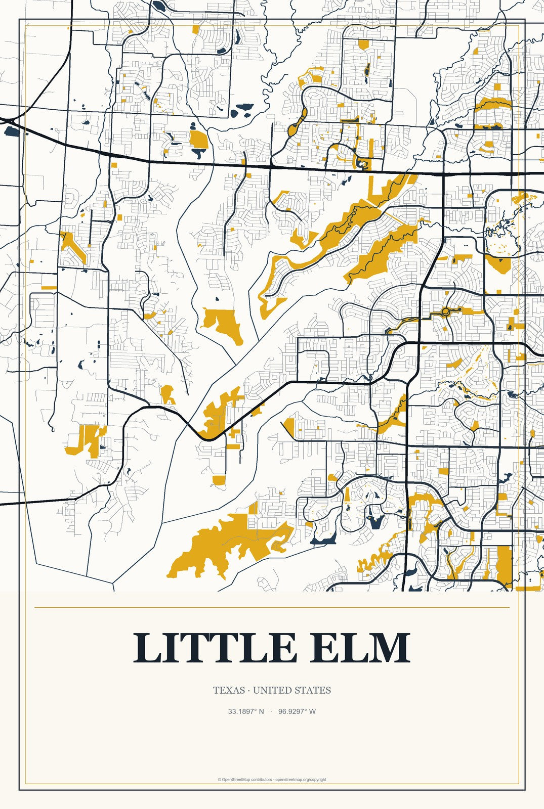 Little Elm, Texas City Map Aluminum Sign in Citrine Modern style