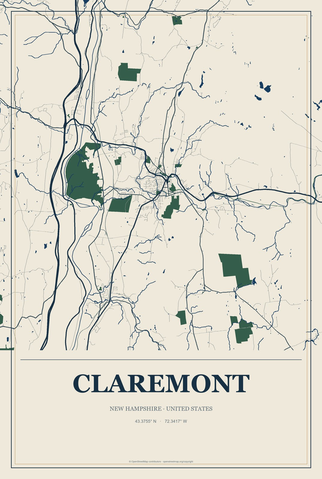 Claremont, New Hampshire City Map Aluminum Sign in Coastal Cutout style