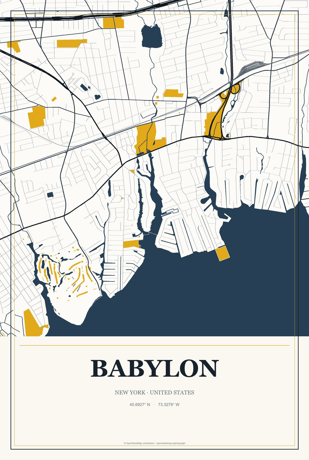 Babylon, New York City Map Aluminum Sign in Citrine Modern style