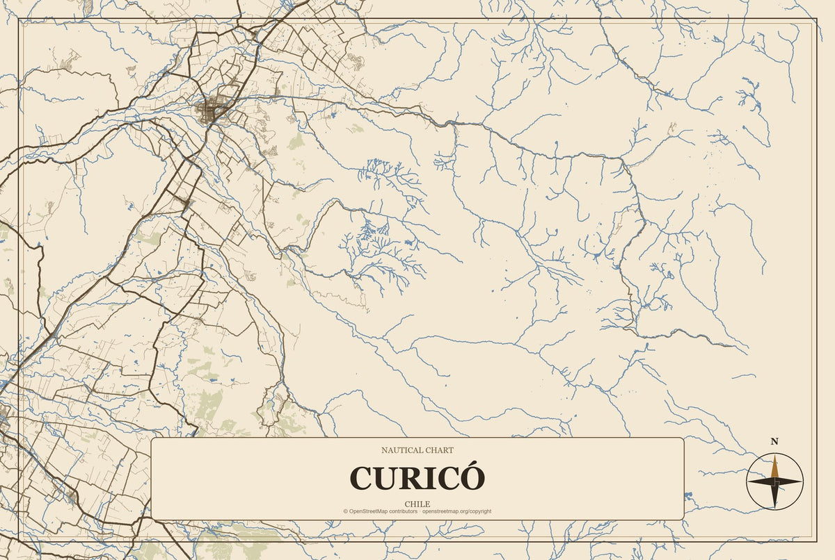 Curicó, Chile City Map Aluminum Sign in Heritage Nautical style