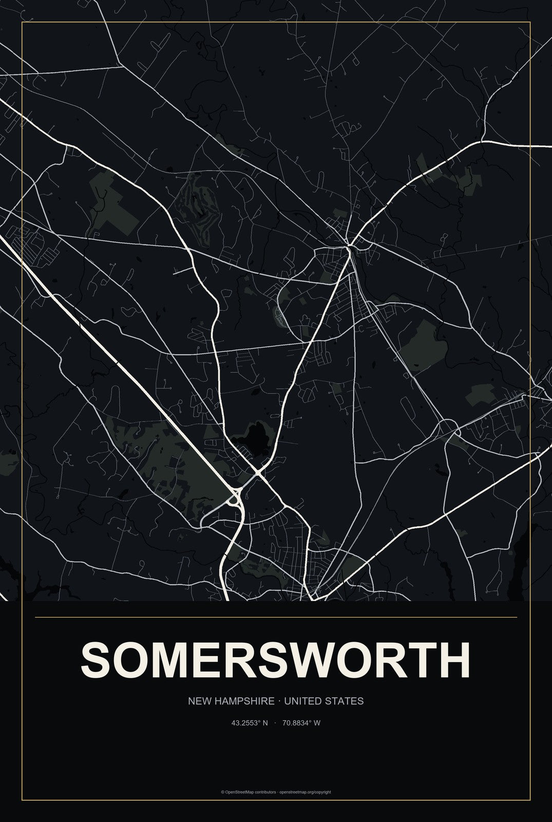 Somersworth, New Hampshire City Map Aluminum Sign in Metropolitan Noir style