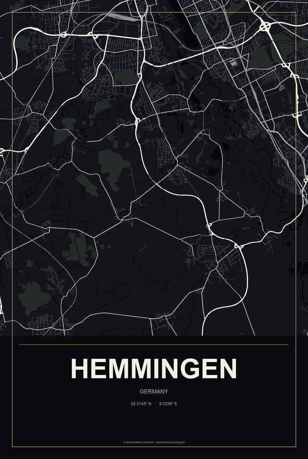 Hemmingen, Germany City Map Aluminum Sign in Metropolitan Noir style