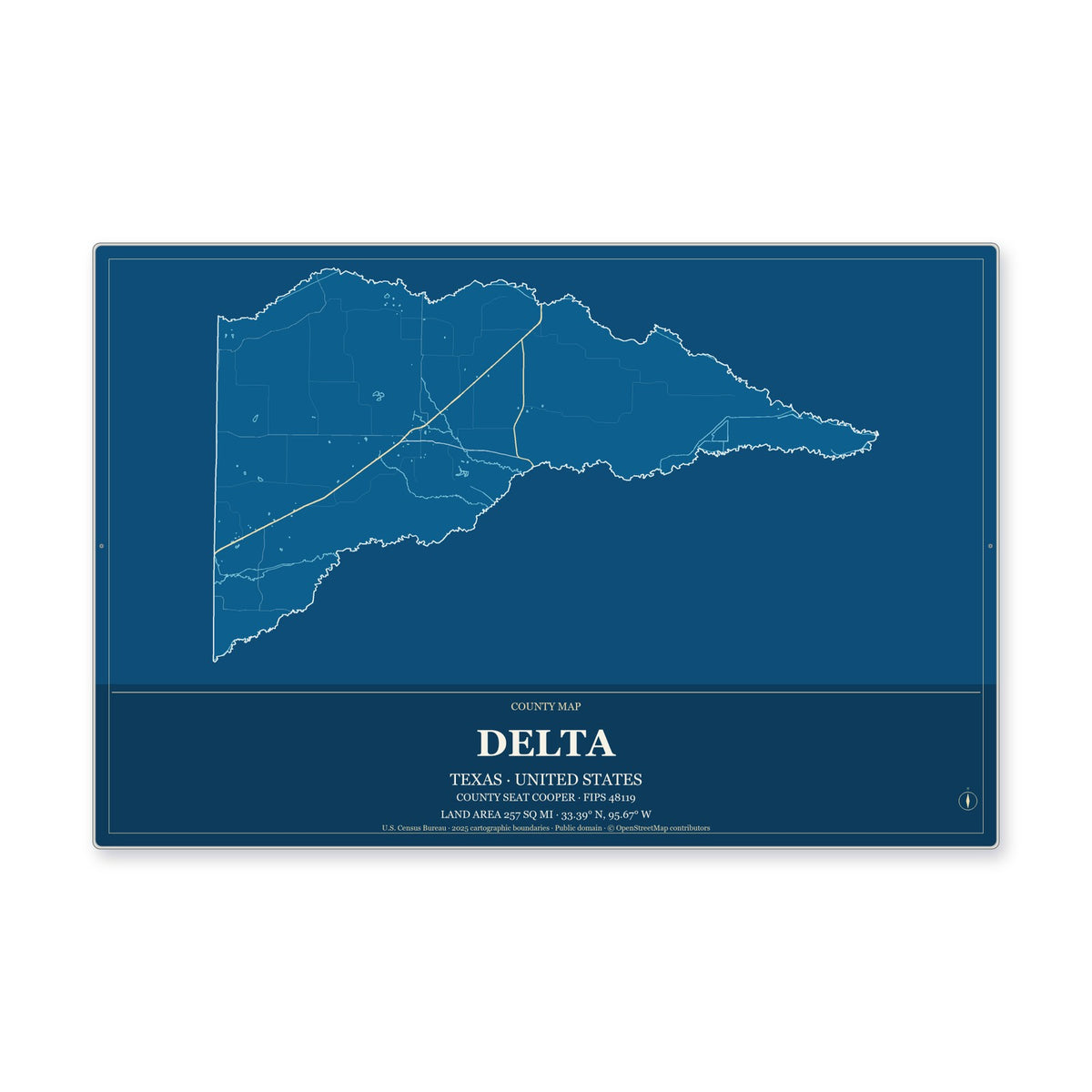 Delta County, Texas Map Aluminum Sign in Harbor Cobalt style