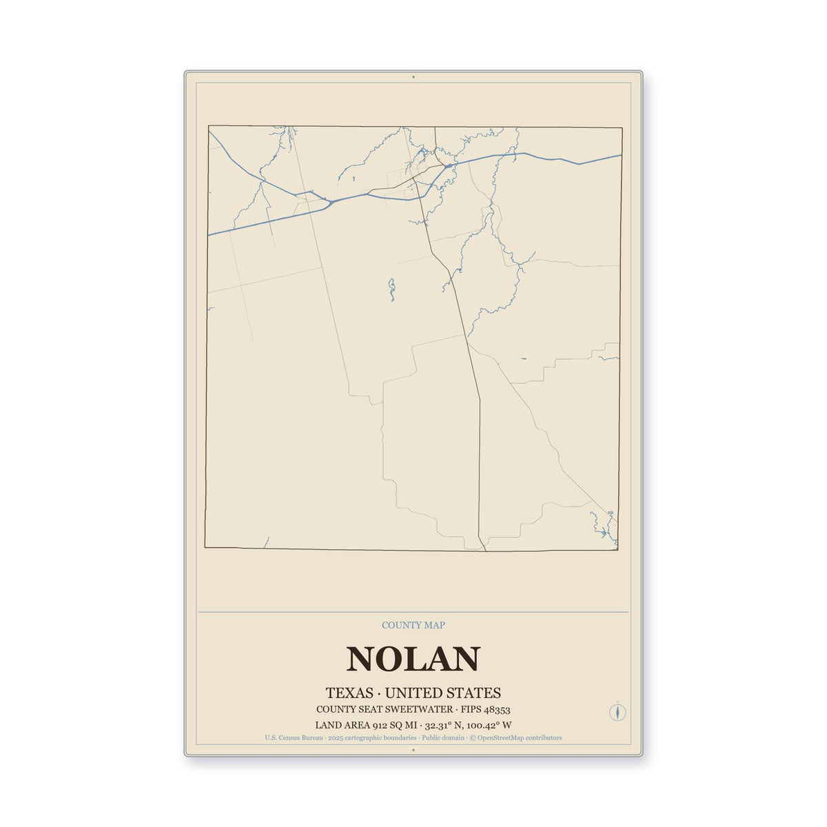 Nolan County, Texas Map Aluminum Sign in Heritage Nautical style