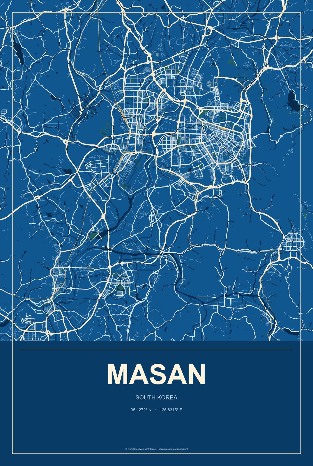 Masan, South Korea City Map Aluminum Sign in Harbor Cobalt style