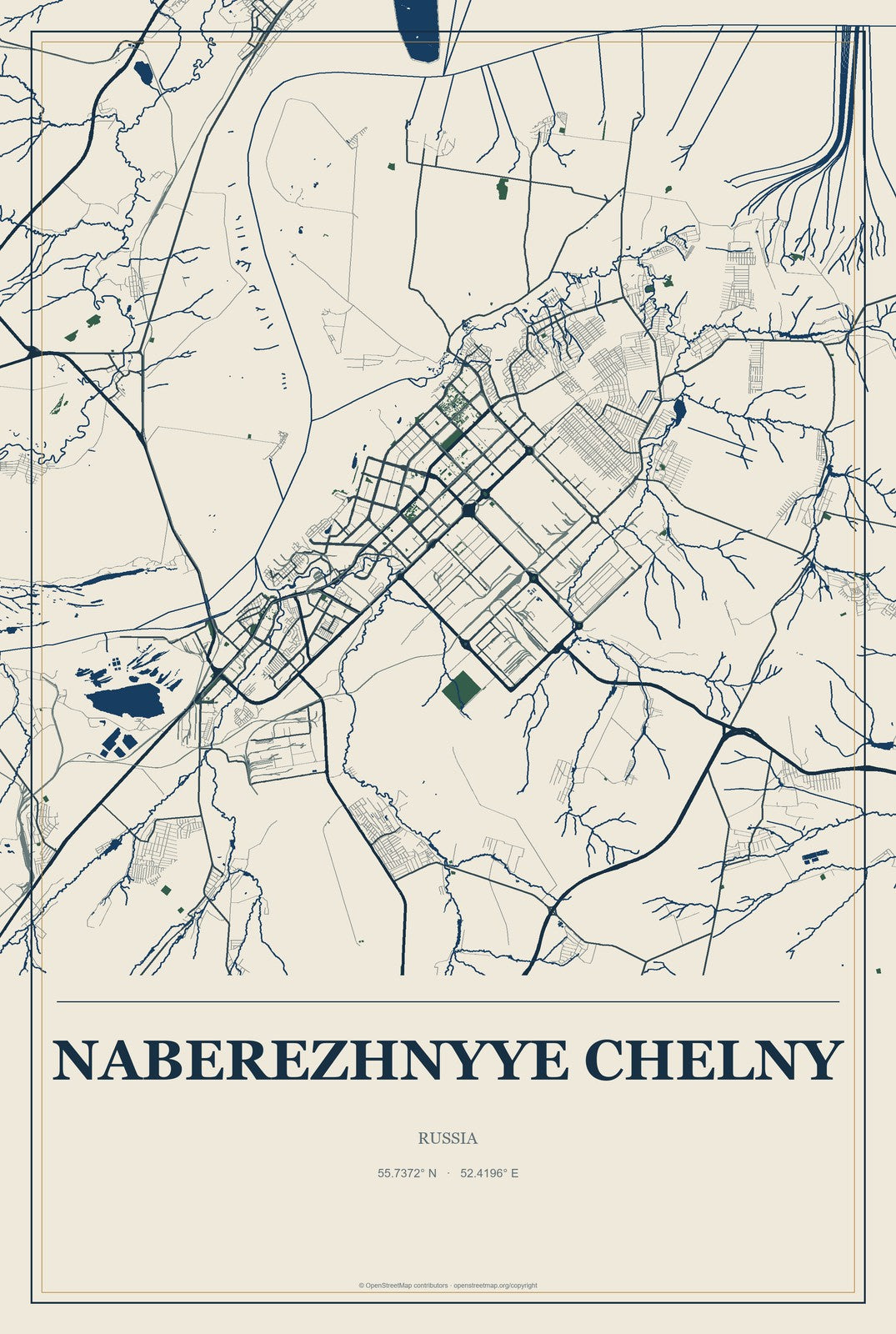 Naberezhnyye Chelny, Russia City Map Aluminum Sign in Coastal Cutout style